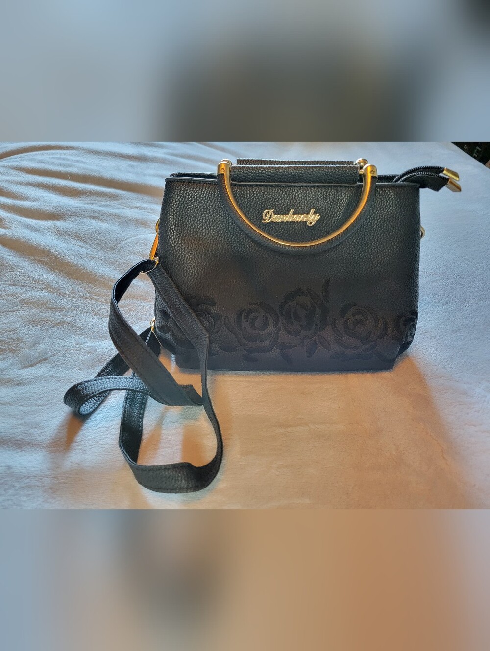 Danbaoly | Black Faux Leather Floral Embossed Satchel with Gold Accents